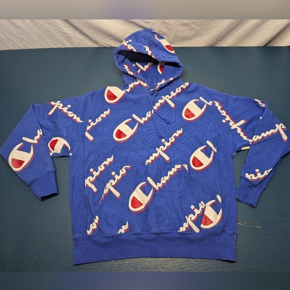 Champion hoodie LG reverse weave blue all over print (p1) - Picture 1 of 12